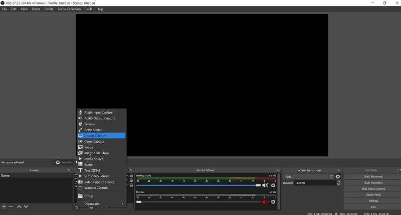 On the Sources dock in OBS click ‘ and select ‘Display Capture